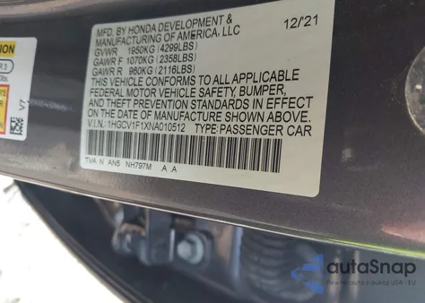 2022 Honda Accord Lx z USA, uszkodzony, nr VIN 1HGCV1F1XNA010512